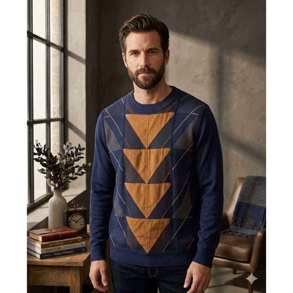 Pardazzio Uomo Sweater Mens 3XL Blue Brown Geometric Wool Blend Vintage